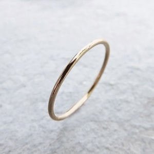 Tiny Solid 14k Yellow Gold Stacking Ring in Hammered, Matte, or Notched Finish. 1mm Thin Full Round Halo Ring.