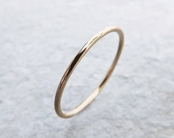 Tiny Solid 14k Yellow Gold Stacking Ring in Hammered, Matte, or Notched Finish. 1mm Thin Full Round Halo Ring.