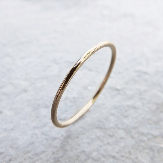 1mm Solid 14k Yellow Gold Stacking Ring: Thin Hammered Halo Ring