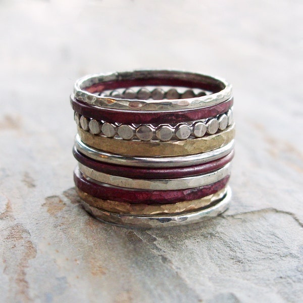 Mixed Metals Stacking Rings Set of Ten in Sterling Silver, Fire Stained Copper, and Brass or 14k Gold Fill