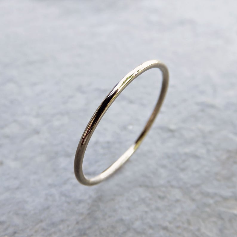 Tiny Solid 14k White Gold Stacking Ring. Hammered, Matte , or Smooth Finish. 1mm Thin Gold Band. High Polish