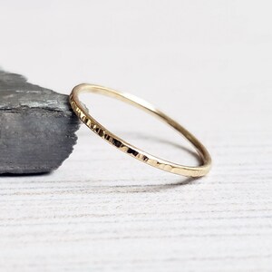14k Gold Bark Texture Stacking Ring: Thin Hammered Wedding Band