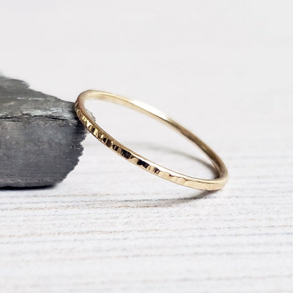 Solid 14k Gold Bark Texture Stacking Ring. 1mm Thin Hammered Wedding Band in Polished or Matte Yellow, White, or Rose Gold.