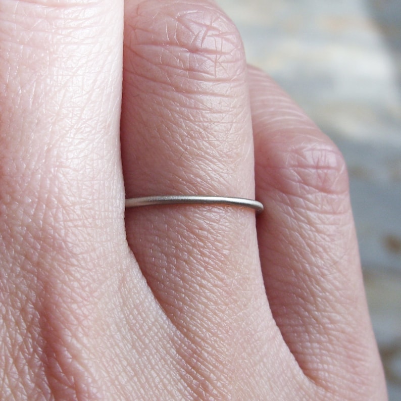 One Tiny Solid 14k White Gold Stacking Ring Hammered, Brushed / Matte / Satin, or Smooth 1mm Thin Full Round Gold Halo Ring image 8