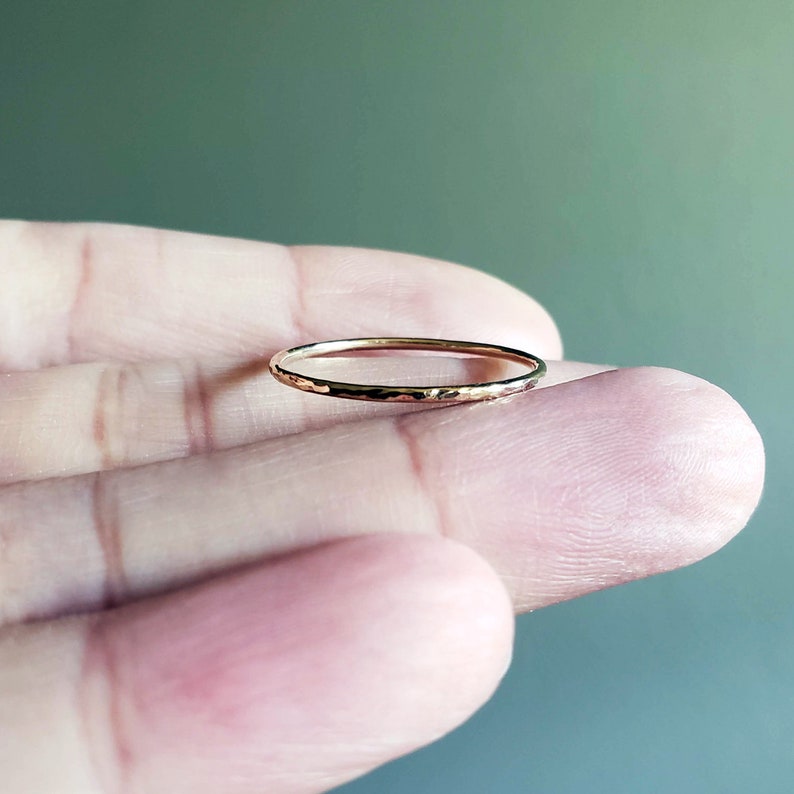 Tiny Solid 14k Gold Stacking Ring in Hammered, Matte, Notched, or Smooth Finish. 1mm Ring. Hammered