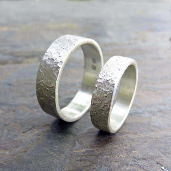 Stone Texture Wedding Ring Set Two Hammer Distressed Silver Rock