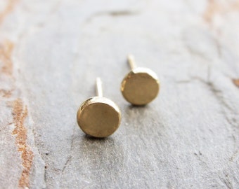 Tiny Solid 14k Gold Flat Pebble Earrings - Minimalist Yellow Gold Dot Studs with Gold Posts and Backings - Choose 3mm, 4mm, or 5mm