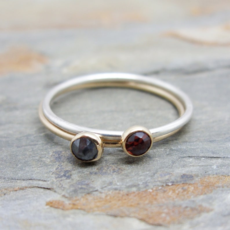 Solid 14k Gold Birthstone Ring, Choose Your Gemstone. Tiny Mother's Ring in Hammered or Smooth Yellow or Rose Gold. image 3