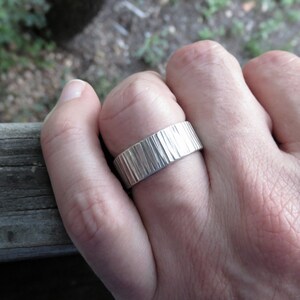 8mm Tree Bark Wedding Band. Sterling Silver Wood Grain Ring, Flat Rectangular Wide Band. image 2