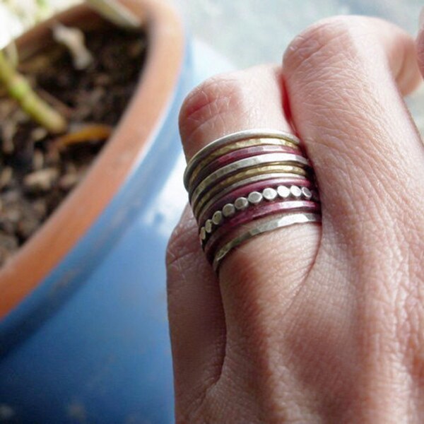 Mixed Metals Stacking Rings Set of 10 in Sterling Silver, Fire Stained Copper, and Brass or 14k Gold Fill