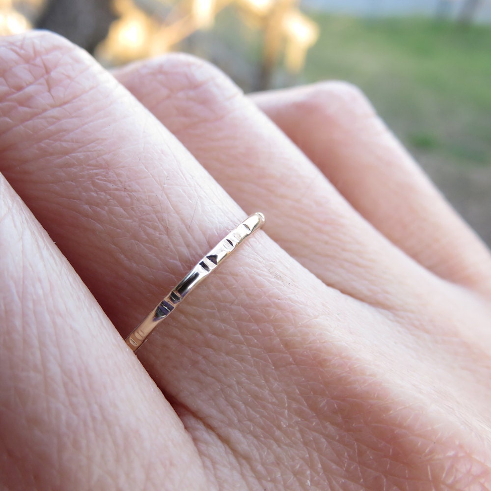 Solid 14k Gold Notched Wedding Band Thin Gold Stacking Ring Etsy