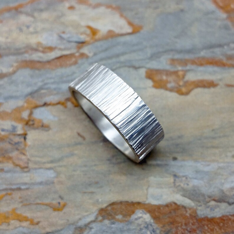 8mm Tree Bark Wedding Band. Sterling Silver Wood Grain Ring, Flat Rectangular Wide Band. image 3