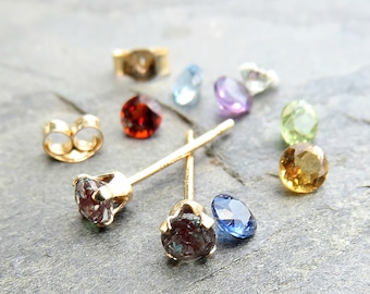 Tiny 14k Gold Birthstone Stud Earrings: 3mm Gemstone