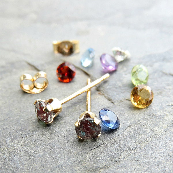 Tiny 14k Gold Birthstone Earrings - Choose Your Stone: Solid 14k Gold 3mm Faceted Gemstone Studs, Sapphire, Ruby, Emerald, Moissanite, &c.