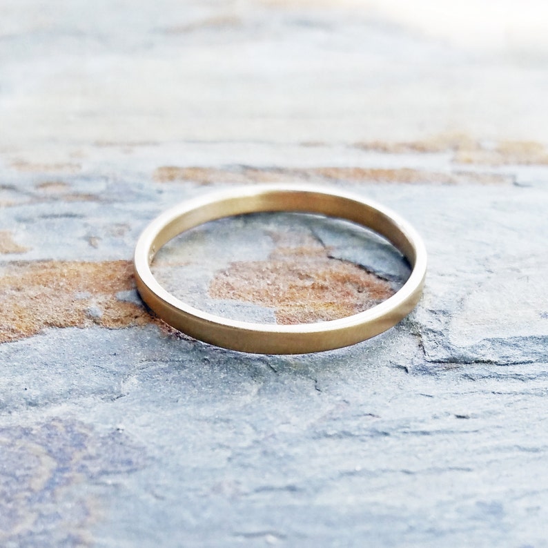 Narrow, Flat Gold Wedding Band. 2mm Ring in Solid 14k Yellow Gold, Polished or Matte Finish. image 5