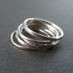 Set of 5 Sterling Silver Stacking Rings in Mixed Widths. Five Plain Hammered Silver Bands.