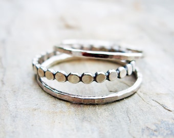 Sterling Silver Stacking Rings Set. Tiny Dots and Hammered Bands.