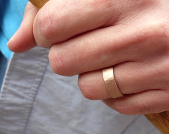 6mm Hammered Gold Wedding Ring. Wide and Thick Flat Band in Solid 14k Matte or Polished Yellow or Rose Gold.