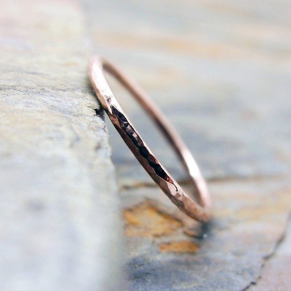 Thin 14k Rose Gold Wedding Band in Smooth Hammered or Matte