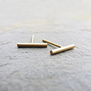 Matte Gold T Bar Earrings. 10mm Small, Minimalist 14k Yellow Gold or Rose Gold Studs