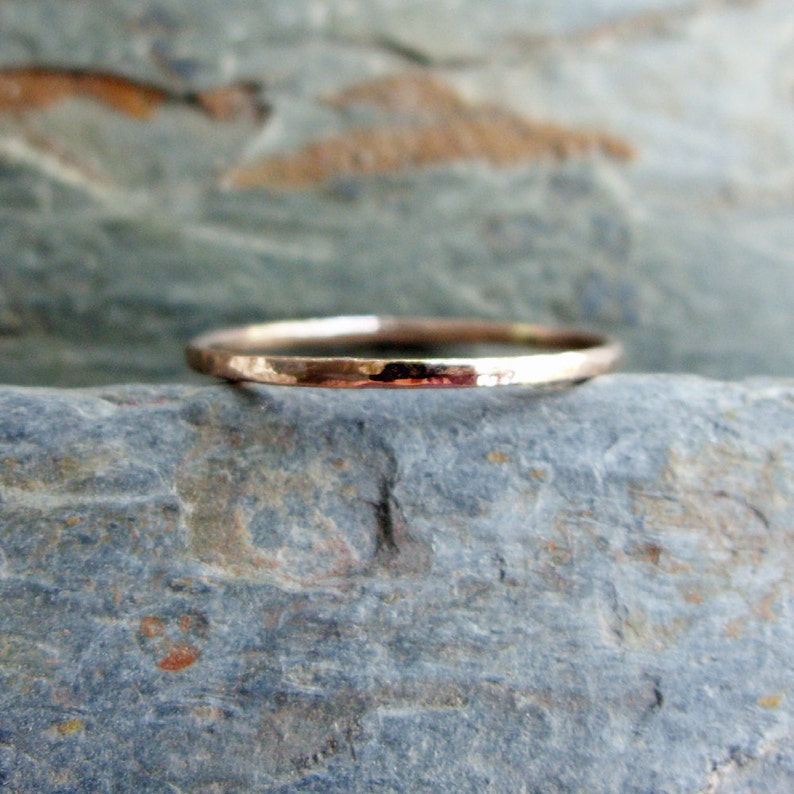 Tiny Solid 14k Rose Gold Stacking Ring in Choice of Finish Hammered, Brushed / Matte / Satin, or Smooth 1mm Full Round Gold Halo Ring image 6