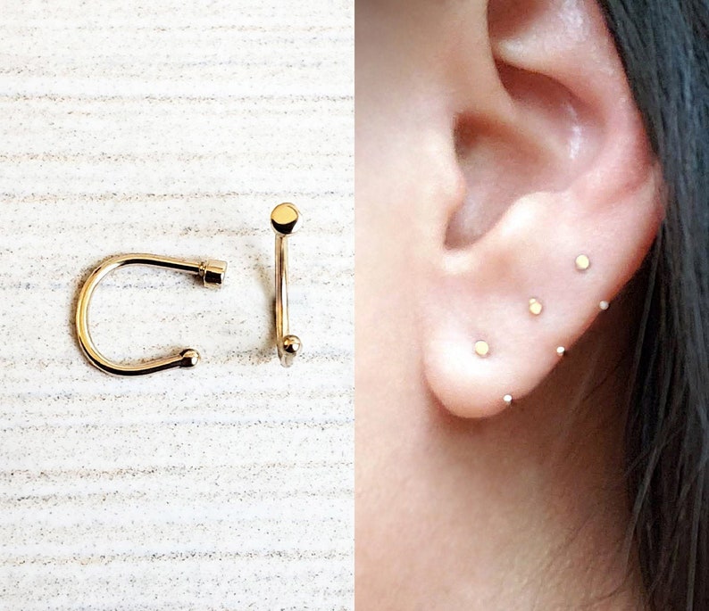 Double Sided Solid 14k Gold Ear Hugger. Open Hoop Earring. Tiny Gold Dot Stud in Yellow or Rose Gold with Ball End. Not*For*Cartilage. 