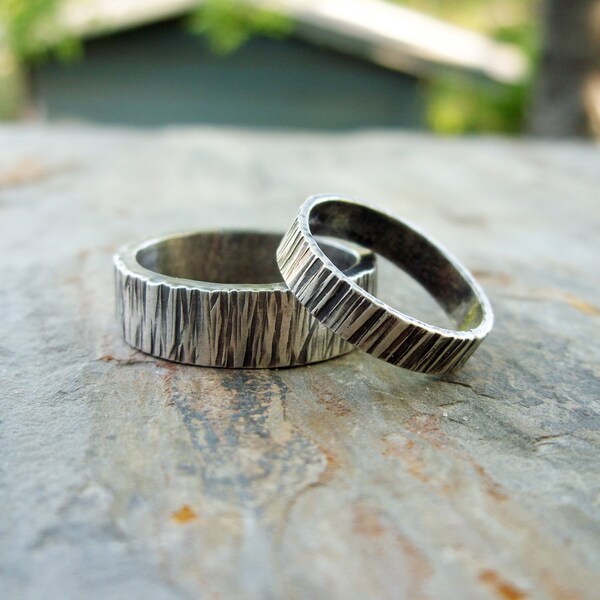 Gepersonaliseerde overeenkomende Set van boom schors trouwring in Sterling Zilver houtnerf - vlak, rechthoekig Band