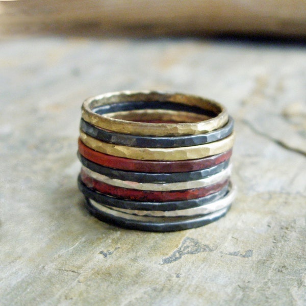 Dark Silver Edition - Set of 10 Mixed Metals Hammered Stacking Rings in Blackened and Bright Silver, Brass, & Fire-Stained Copper.