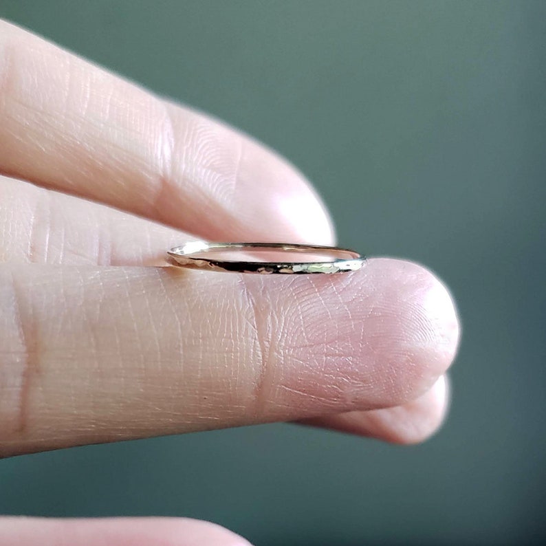 Tiny Solid 14k White Gold Stacking Ring. Hammered, Matte , or Smooth Finish. 1mm Thin Gold Band. image 10