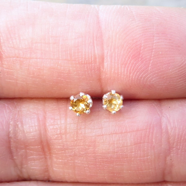 Tiny Golden Citrine Studs in Silver or 14k Yellow Gold, 3mm Citrine Earrings, November Birthstone Earrings, Sterling Faceted Citrine Rounds
