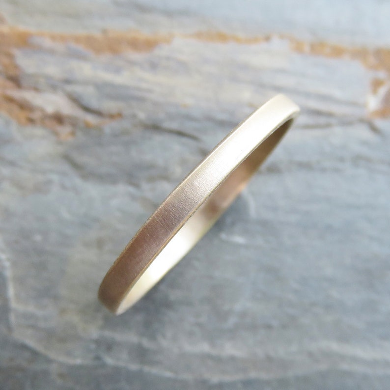 Narrow, Flat Gold Wedding Band. 2mm Ring in Solid 14k Yellow Gold, Polished or Matte Finish. Matte