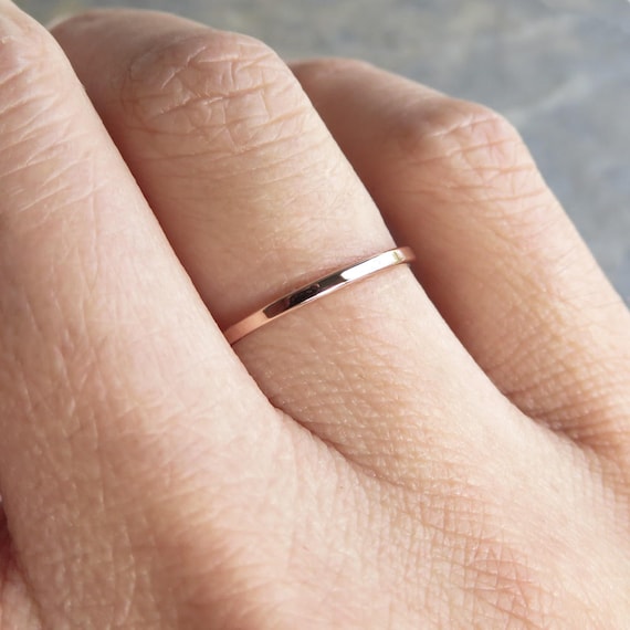 Thin Flat Rose Gold Wedding Band. Recycled Solid 14k Gold Narrow