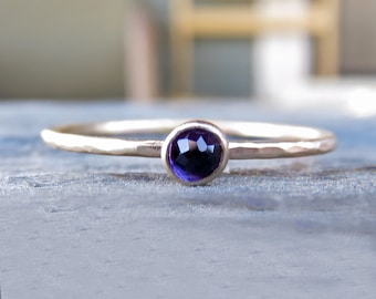 Tiny 14k Gold Amethyst Ring: Hammered Yellow Gold, February Birthstone