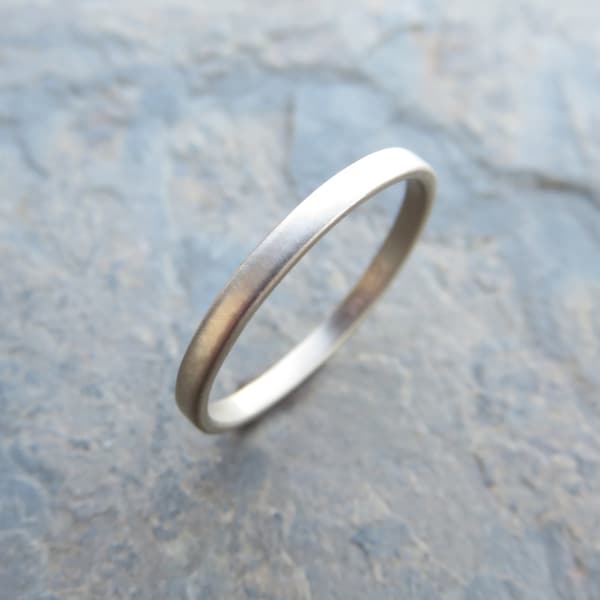 2mm Solid 14k White Gold Wedding Band. Flat Band in Polished or Matte Finish. Palladium Based White Gold Available.