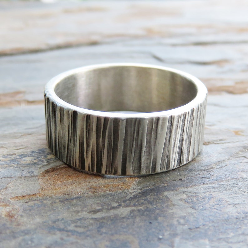 8mm Tree Bark Wedding Band. Sterling Silver Wood Grain Ring, Flat Rectangular Wide Band. image 1