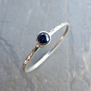 3mm Tiny Sapphire Stacking Ring in 14k Yellow, Rose, or White Gold, Hammered, Matte, or High Polish - September Birthstone Mother&#39;s Ring