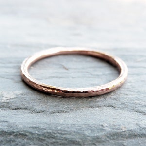 Hammered Matching Wedding Band Set in Solid 14k Yellow or Rose Gold 1.6mm Round and 3mm Flat Bands Choose Polished or Matte Finish image 7