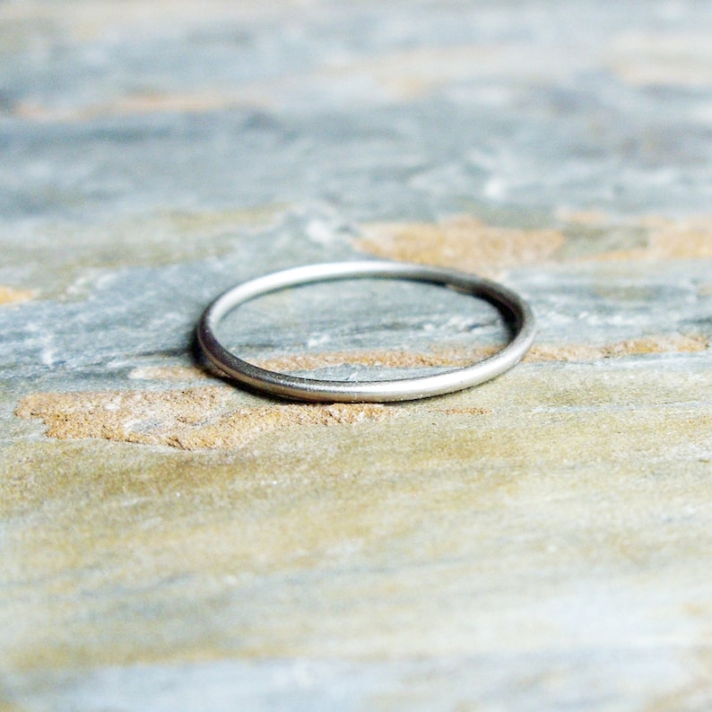 One Tiny Solid 14k White Gold Stacking Ring Hammered, Brushed / Matte / Satin, or Smooth 1mm Thin Full Round Gold Halo Ring Matte