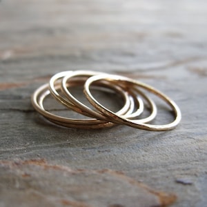 Five Golden Rings, Your Choice of Color and Texture: Smooth, Hammered, Matte Solid 14k Rose, Yellow, or White Gold 1mm Stacking Rings Set