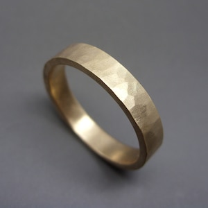 4mm Hammered Gold Ring. Solid 14k Yellow or Rose Gold Wedding Band. Flat Rectangular Band in Matte or Polished Finish.