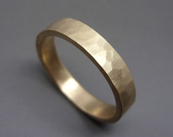 4mm Hammered Gold Ring. Solid 14k Yellow or Rose Gold Wedding Band. Flat Rectangular Band in Matte or Polished Finish.