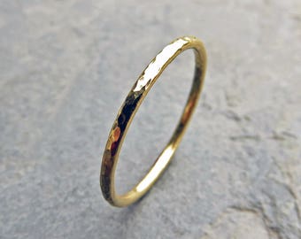 1.2mm Solid 18k Yellow Gold Stacking Band: Thin Halo Ring with Choice of Hammered, Matte, Notched, or High Polish Finish