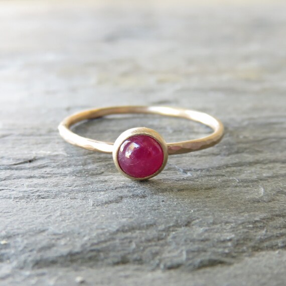 14k Gold Ruby Ring 5mm Round Unfaceted Ruby in Hammered | Etsy