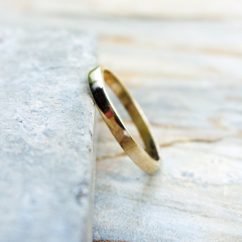 Narrow, Flat Gold Wedding Band. 2mm Ring in Solid 14k Yellow Gold, Polished or Matte Finish. Polished