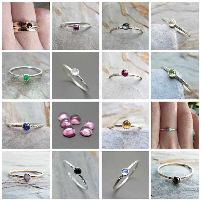 Solid 14k Gold Birthstone Ring, Choose Your Gemstone. Tiny Mother's Ring in Hammered or Smooth Yellow or Rose Gold. image 5