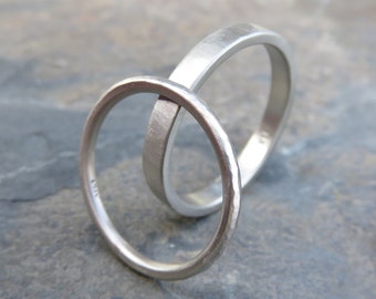 Hammered White Gold Wedding Band Set: 14k Solid Gold Matching Rings