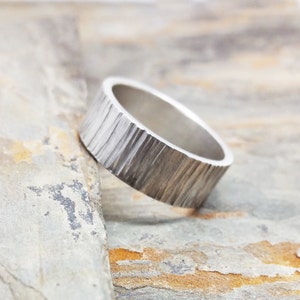 8mm Tree Bark Wedding Band. Sterling Silver Wood Grain Ring, Flat Rectangular Wide Band. image 4