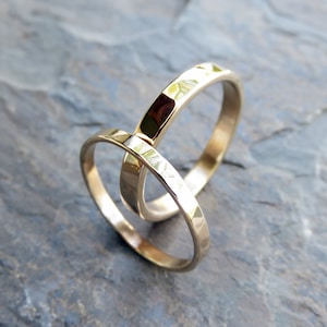 Hammered Matching Wedding Band Set in Solid 14k Yellow or Rose Gold - Flat Bands in 2mm and 3mm - Choose Polished or Matte Finish