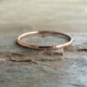 Tiny Solid 14k Rose Gold Stacking Ring in Choice of Finish Hammered, Brushed / Matte / Satin, or Smooth 1mm Full Round Gold Halo Ring image 1