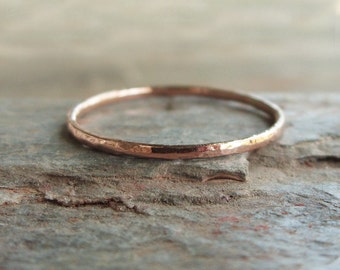 1mm Solid 14k Rose Gold Stacking Ring in Hammered, Matte, or Smooth Finish. Full Round Gold Halo Band.